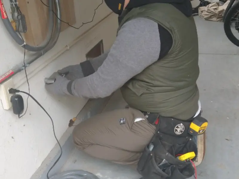 Electrician performing outlet wiring in a Hempfield garage